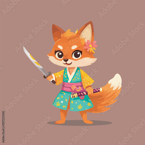  fox warrior with sword standing cartoon