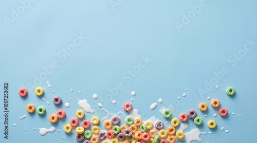 Colorful Cereal Rings and Milk Splashes: Flat Lay on Blue with Copy Space