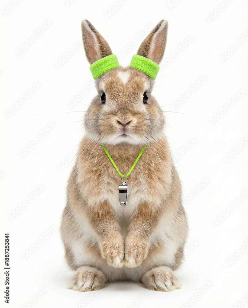 Obraz premium Rabbit wearing fitness headband and whistle on white background
