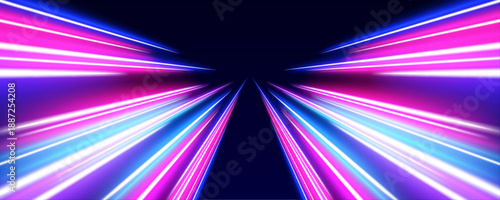 Futuristic neon lines form a fast-moving urban landscape. The glowing trails suggest speed, traffic, and digital flow. Ideal for transportation, logistics, and smart infrastructure visuals.