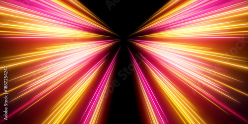 Neon light trails flow through a futuristic city at night. Motion blur and glowing colors create a sense of speed and energy. The illustration fits technology, innovation, and digital concepts.