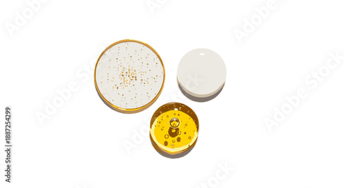 Three circular objects, including citrus slices and a white disk, arranged on a clean white surface from a top-down viewpoint