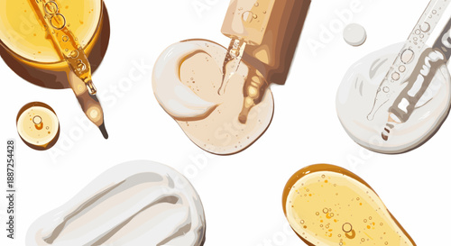 Cosmetic products and skincare serums displayed with droppers on a clean surface