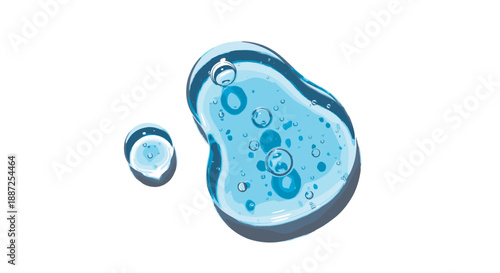 Close-up view of blue liquid drops with bubbles on a flat surface from a high angle