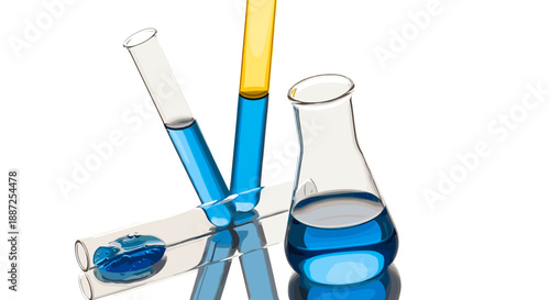 Laboratory Equipment with Test Tubes and Flasks Containing Colored Liquids on a Reflective Surface
