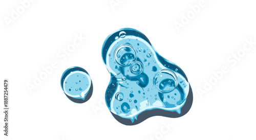 Close-up of abstract blue liquid droplets on a plain surface from a high angle