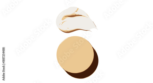 Cosmetic products arranged on a white surface with a compact powder and foundation smear