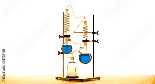 Laboratory equipment setup with glassware and blue liquid on a metal stand