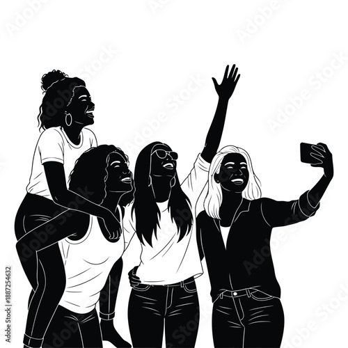 Four young women celebrating together in black and white
