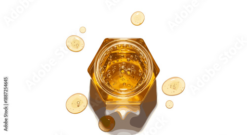 Honey dripping from a jar surrounded by honey coins on a white surface viewed from above