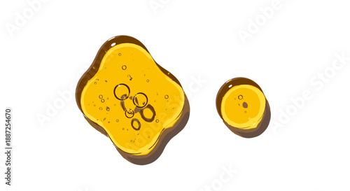Golden yellow liquid droplets with dark outlines and Olympic rings on a plain background from a direct viewpoint