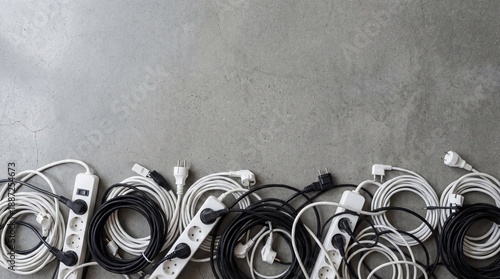 Flat Lay of Electrical Cables and Power Strips on Concrete
