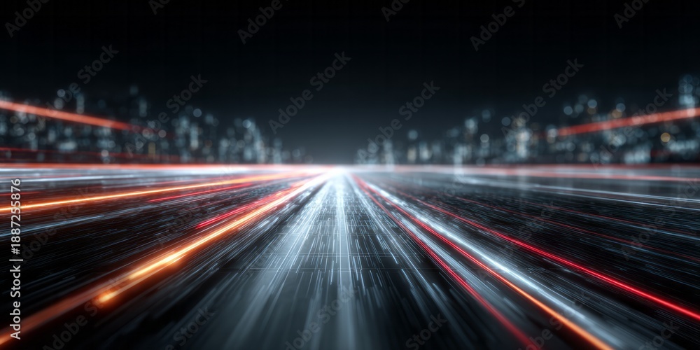 Obraz premium Dynamic motion blur depicts high velocity light trails on an urban thoroughfare at night