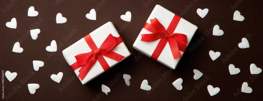 Obraz premium Wrapped gift boxes with red bows and scattered heart shapes on brown background