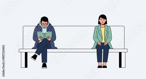 A flat vector illustration depicting diverse commuters on public transportation, with a man deeply engrossed in reading, capturing a tranquil moment of urban lifestyle