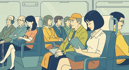 Diverse group of people enjoying public transportation, reading, and their urban lifestyle, depicted in a flat vector illustration of a commuter train