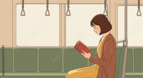 A serene moment captured in a flat vector illustration of a commuter enjoying reading on public transportation, embodying a tranquil urban lifestyle journey