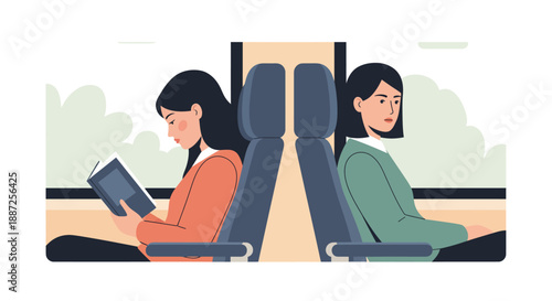 Flat vector illustration of a commuter reading in public transportation, depicting urban lifestyle and the joy of a personal escape