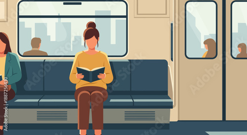 A flat vector illustration captures a focused commuter reading on public transportation, reflecting the quiet moments within an active urban lifestyle
