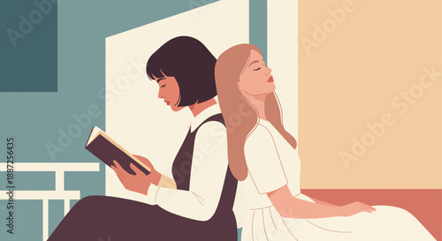 Two women reading in a public transportation setting, representing a commuter urban lifestyle in a flat vector illustration