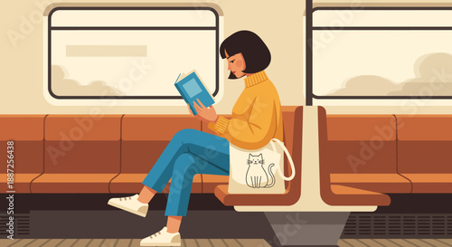 A flat vector illustration of a commuter enjoying reading on public transportation, depicting a serene urban lifestyle moment