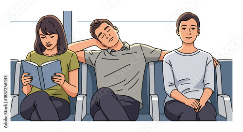 Commuter reading a book and another person sleeping in public transportation, flat vector illustration of urban lifestyle