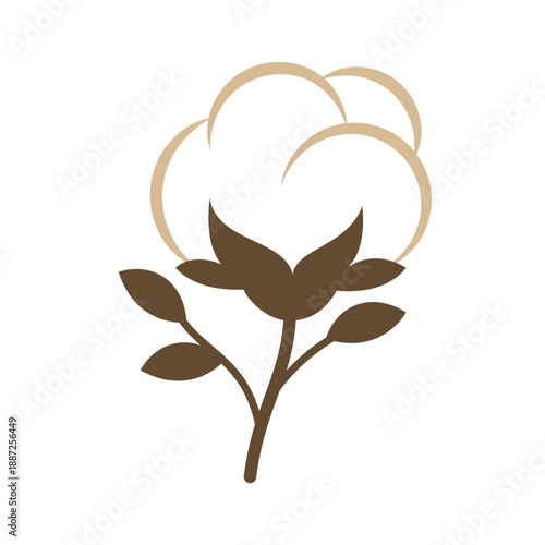 Cotton flower with fluffy white boll and small leaves. Minimal botanical icon for eco and agricultural themes