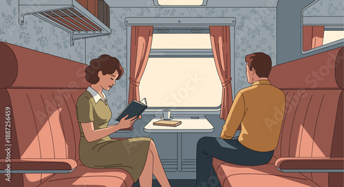 A serene moment of a commuter enjoying reading on public transportation, beautifully captured in a flat vector illustration depicting an urban lifestyle journey