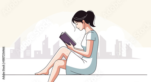 Flat vector illustration of a commuter reading a book on public transportation, embracing an urban lifestyle