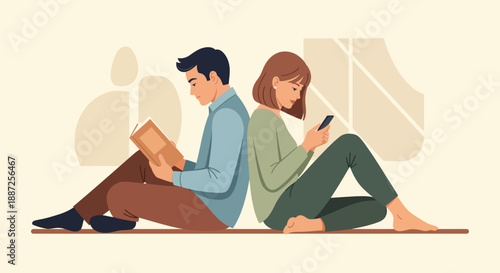 Commuters experiencing urban lifestyle on public transportation a flat vector illustration showing one person reading a book and another engaged with a smartphone