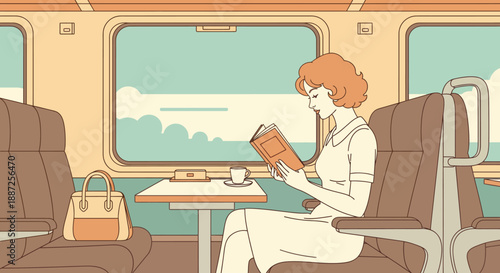 Flat vector illustration of a commuter reading a book on public transportation, embracing an urban lifestyle