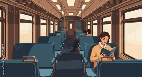 Flat vector illustration of a commuter reading in a train car, representing public transportation and urban lifestyle
