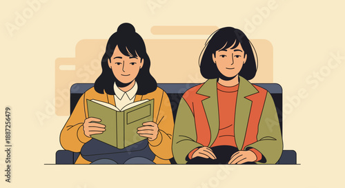 Two women on public transportation one commuter reading a book, a calm scene in flat vector illustration style, showcasing a peaceful urban lifestyle moment