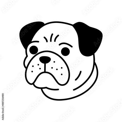 Grumpy bulldog face with wrinkled forehead and short ears. Bold cartoon pet