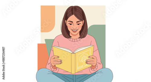 Flat vector illustration of a young woman reading a book in a public transportation setting, embodying an urban lifestyle for a commuter