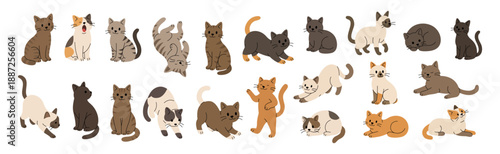 Adorable cartoon cats collection in playful poses. Flat vector illustration of kittens for kids, pet themes and cute animal designs