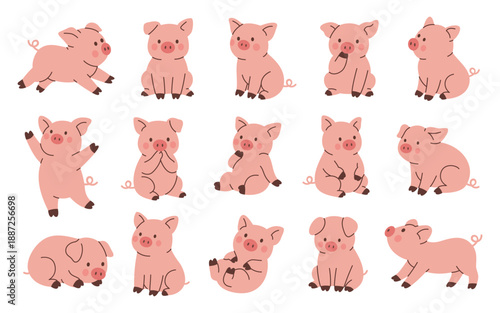 Set of cute pink piglets. Cartoon pig vector characters collection for farm designs, childrens books, and nursery illustrations