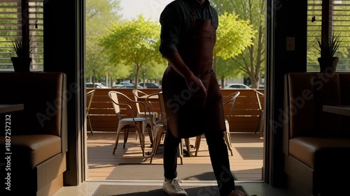 Male shop owner opening the metal rolling shutter of a diner to start the business day, revealing a bright sunny street and welcoming customers inside.