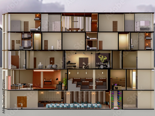 Tableau sur toile Modern Multi-Story Building Interior Cross-Section 3D Render Showing Hotel Rooms