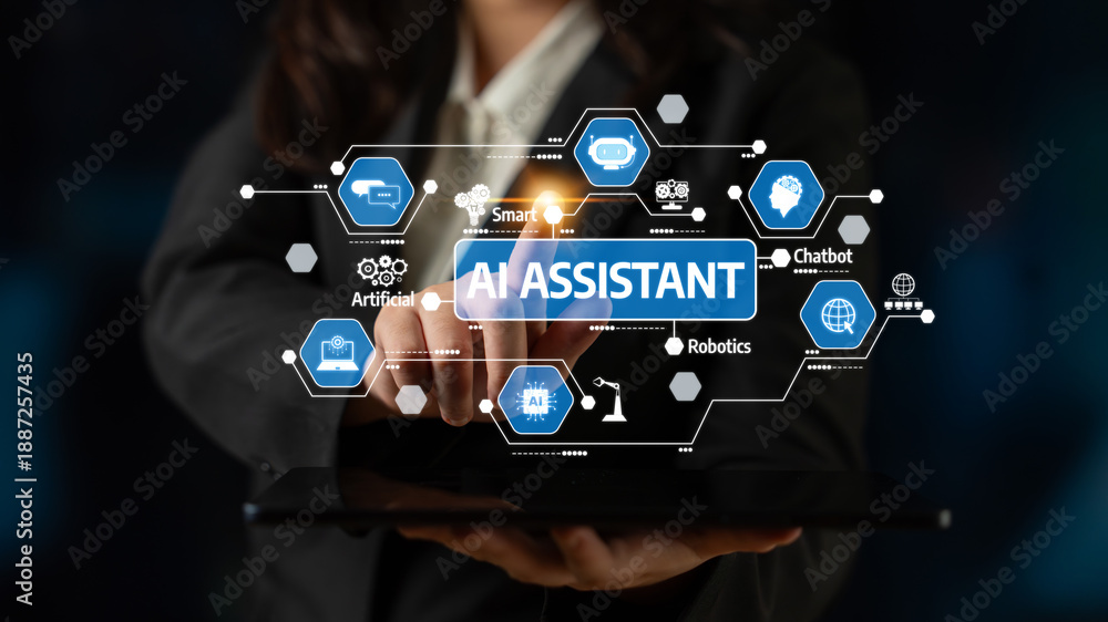 Fototapeta premium A professional engaging with a digital interface showcasing various AI assistant features. Perfect for themes of technology, automation, and innovation in business. Tessel