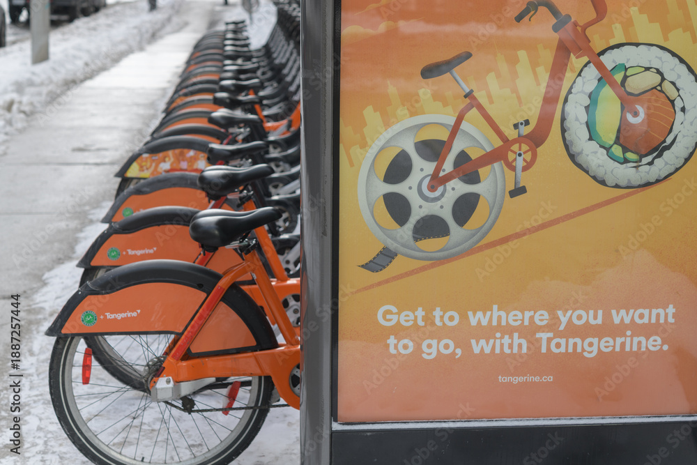 Naklejka premium rental bikes and Tangerine Financial marketing poster in Toronto