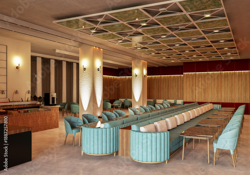 Foto Luxury Modern Hotel Lounge and Cafe Interior with Teal Seating and Marble Tables