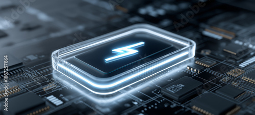 Futuristic  Battery with Lightning Symbol on Advanced Microchip Representing Energy Storage, Power Efficiency and High Performance Computing Technology