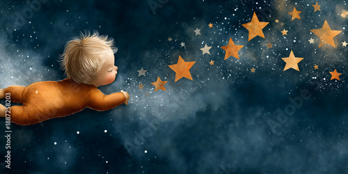 Simple children's book illustration depicts tiny stars floating in space, small boy swims through these stars