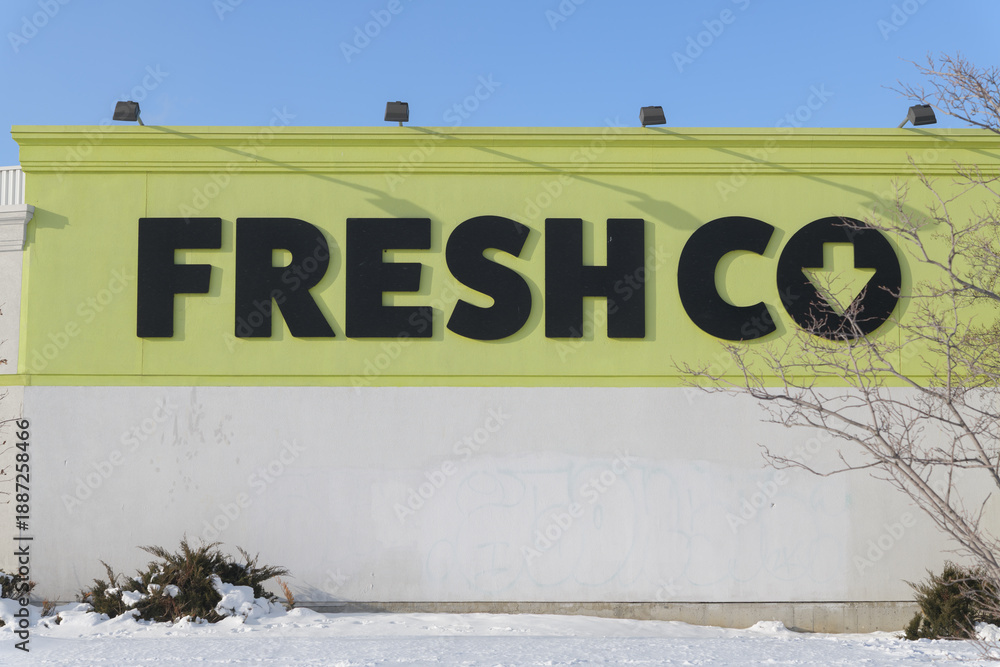 Fototapeta premium exterior building facade and sign of FreshCo Leslie & Lakeshore (a supermarket) located at 731 Eastern Av, Toronto