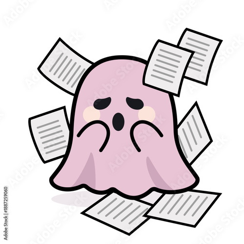 Cute pink ghost surrounded by flying papers, cartoon style, sticker, vector, stressed expression, transparent background