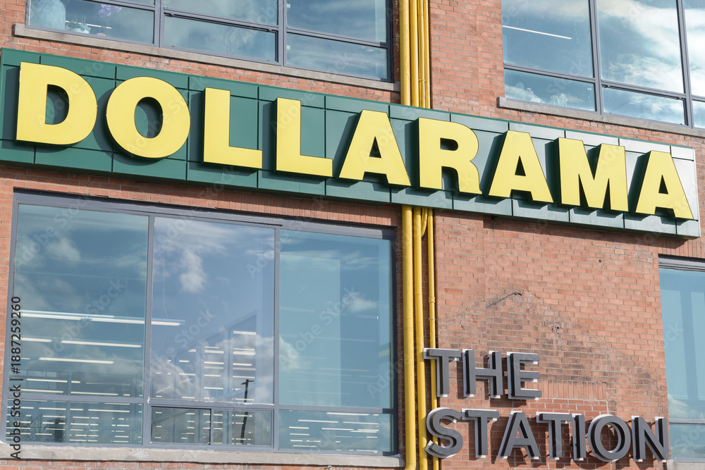 Obraz premium exterior building and sign of Dollarama at 20 Leslie St (The Station), Toronto