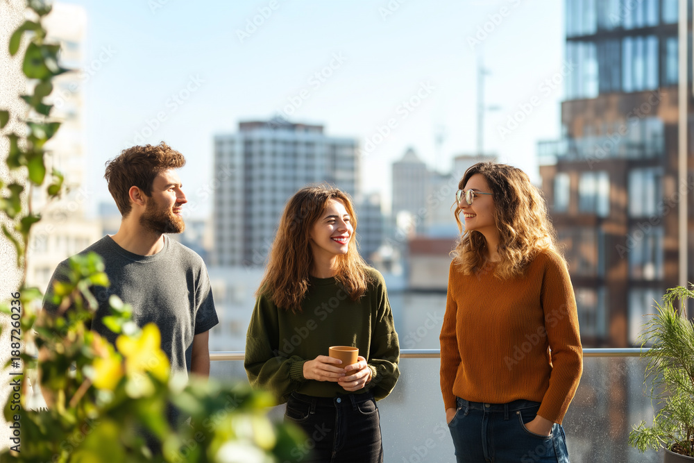 Fototapeta premium Friends enjoy a sunny conversation with city views in the background