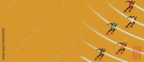 Athletics race track with runners. Dynamic flat illustration for sport competition banner with copyspace