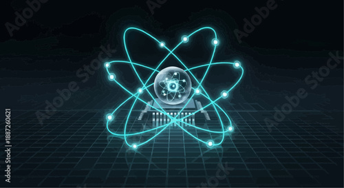 Glowing blue atom model with circuit board center on grid background